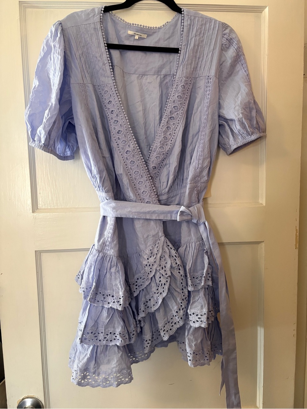 Tularosa periwinkle Eyelet Wrap Dress with Tiered Ruffles